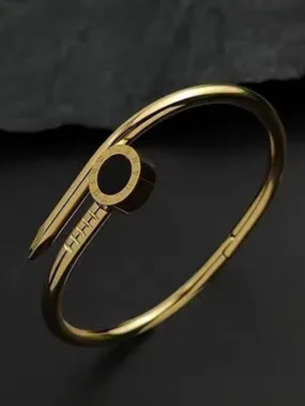 Gold Nail Cuff Black Roman Numeral Circle Bangle Bracelet